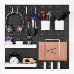 VEVOR Kit de Combinación de Tablero Perforado de Plástico de 280 x 280 x 12 mm 4 Paneles, Kit Organizador de Pared con Accesorios, Para Sala de Estar, Almacenamiento de Herramientas, Oficina, Negro