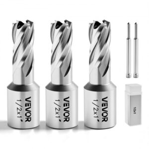VEVOR Juego de Cortadores Anulares 5 Piezas, Juego de Brocas HSS M2AL de Vástago Weldon, Profundidad de Corte 25,4mm Diámetro 12,7mm con 2 Pasadores Guía, 3 Cortadores, Estuches para Taladro Magnético