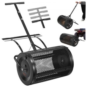 VEVOR Esparcidor de Compostaje 76,5 L, Ancho de Trabajo de 61 cm, Esparcidor de Abono Semillas Fertilizante, con Enganche de Remolque y Cepillo Nivelador, Acero, Distribuidor para Césped Jardín Huerto