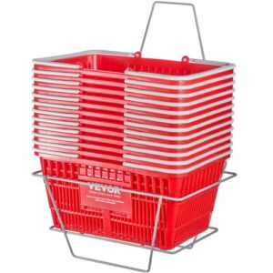 Cesta de la compra VEVOR, juego de 12, 21 l, cesta de plástico resistente para la compra con asa y soporte, 42,9 x 30,5 x 21,5 cm, cesta portátil para la compra a granel para tiendas minoristas, supermercados, color rojo