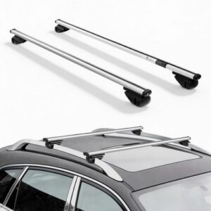 Barras transversales para portaequipajes de techo VEVOR, capacidad de 75 kg, ajuste universal para rieles de techo elevados, espaciado de rieles de 21 a 121 cm, barras transversales de aluminio resistentes con cerradura, portaequipajes de techo para canoas y cestas de carga.
