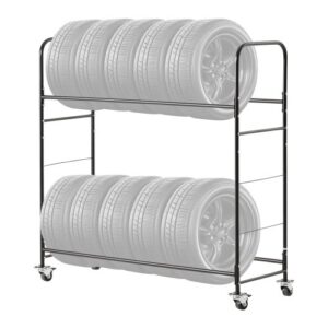 VEVOR Estante de Almacenamiento de Neumáticos con Ruedas, Remolque de Transporte para Garaje, Acero Resistente, Altura Ajustable, Capacidad para hasta 12 Neumáticos Estándar, 1585 x 570 x 1520 mm