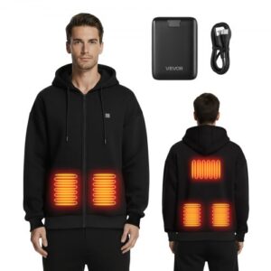 VEVOR Sudadera con Capucha Calefactable Unisex, con Cremallera Completa y Batería 7,4 V 16 000 mAh, 5 Zonas de Calefacción, 3 Niveles Temperatura, para Acampadas en Invierno, Negro, Talla XXL