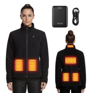 VEVOR Chaqueta Polar Calefactable a Mujer, con Batería Externa Recargable de 7,4 V y 16 000 mAh, 6 Zonas de Calentamiento, 3 Niveles de Temperatura, 3 h/6 h/10 h de Calor, Color Negro, Talla XXL