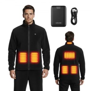 VEVOR Chaqueta Polar Calefactable Hombre, Batería Externa Recargable 7,4 V 16 000 mAh, 6 Zonas Calentamiento, 35-40/45-50/55-60 °C, 3 h/6 h/10 h de Calor, para Acampadas en Invierno, Negro, XXXL