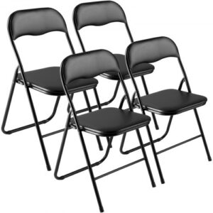 VEVOR 4 PCS Sillas Plegables, Sillas Plegables Apilables Portátiles de Cuero con Estructura de Metal Resistente y Cojín Acolchado, Carga de 158 kg para el Hogar, Jardín, Fiestas y Eventos, Negro