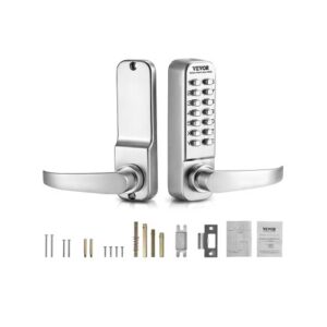 VEVOR Cerradura de Combinación Mecánica con Teclado de Una Cara 14 Teclas, Cerradura de Puerta sin Llave con Manija Adecuado para Puertas de 35 a 65 mm de Grosor para Oficina, Patio, Plateado