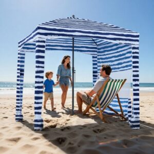 VEVOR Cabaña de Playa con Panel Lateral, Protección Solar UPF 50+, Sacos de Arena, Sombrilla Portátil para Disfrutar en Familia y con Amigos, Rayas Azul Marino y Blanco, 1830 x 1830 x 2290 mm