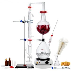 VEVOR Kit de destilación de aceite esencial de 28 piezas, aparato de destilación de 2000 ml, kit de destilación de cristalería de laboratorio Boro 3,3 con placa calefactora de 1500 W