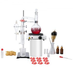 VEVOR Kit de destilación de aceite esencial de 33 piezas, aparato de destilación de 500 ml, kit de destilación de cristalería de laboratorio Boro 3,3 con placa calefactora de 1000 W y junta 24/40