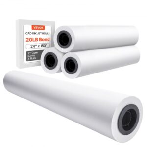 VEVOR Papel de Formato 80 g/? Ancho de 609,6 mm Longitud de 45,7 m 4 Rollos de Papel Bond CAD con Núcleo de 50,8 mm Rollos de Papel Bond para Trazador para Dibujos CAD, Planos de Ingeniería, Blanco