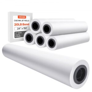 VEVOR Papel de Formato 80 g/? Ancho de 609,6 mm Longitud de 45,7 m 6 Rollos de Papel Bond CAD con Núcleo de 50,8 mm Rollos de Papel Bond para Trazador para Dibujos CAD, Planos de Ingeniería, Blanco