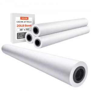 VEVOR Papel de Formato 80 g/? Ancho de 914,4 mm Longitud de 45,7 m 4 Rollos de Papel Bond CAD con Núcleo de 50,8 mm Rollos de Papel Bond para Trazador para Dibujos CAD, Planos de Ingeniería, Blanco