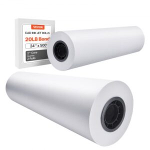 VEVOR Papel de Formato 80 g/? Ancho de 609,6 mm Longitud de 152,4 m 2 Rollos de Papel Bond CAD con Núcleo de 76,2 mm Rollos de Papel Bond para Trazador para Dibujos CAD, Planos de Ingeniería, Blanco