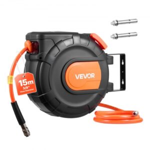 VEVOR Carrete de Manguera de Aire Retráctil 15 m x 9,5 mm, Manguera para Compresor de Aire Presión Máxima de 300 PSI, con Entrada de 1 m, Montaje en Techo o Pared Giratorio de 180°, para Garaje
