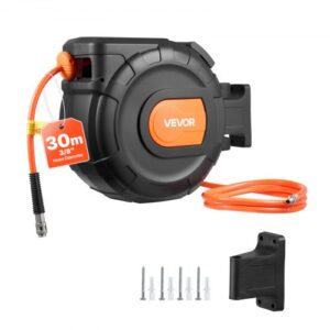 VEVOR Carrete de Manguera de Aire Retráctil 30 m x 9,5 mm, Manguera para Compresor de Aire Presión Máxima de 300 PSI, con Entrada de 2 m, Montaje en Pared Giratorio de 180°, para Garaje, Taller