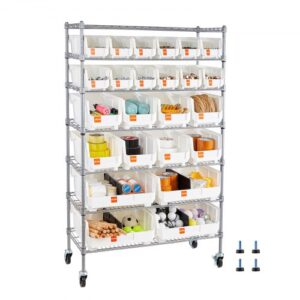 VEVOR Estantería de Almacenamiento de Alambre de Acero, con Ruedas, 7 Niveles, 24 Compartimentos Organizadores, para Garaje, Almacén, Oficina, Restaurante, Aula y Cocina, 355 x 900 x 1490 mm