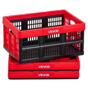 VEVOR Cajas de Almacenaje Plegables de Plástico 32 L, 3 Unidades, Contenedores de Almacenaje sin Tapa, con Asas, Ahorra Espacio, Soporta 12 kg para Camping Organización Coche Hogar, Color Rojo y Negro