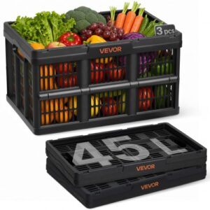 VEVOR Cajas de Almacenaje Plegables de Plástico 45 L, 3 Unidades, Contenedores de Almacenaje con Asas, sin Tapa, Soporta hasta 15 kg, Ahorra Espacio para Hogar Organización Camping Coche, Color Negro
