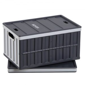 VEVOR Cajas de Almacenaje Plegables de Plástico 65 L, 2 Unidades, Contenedores de Almacenaje con Asas, Tapa Apilable, Ahorra Espacio, Soporta 38 kg para Hogar Coche Camping Organización, Gris Oscuro