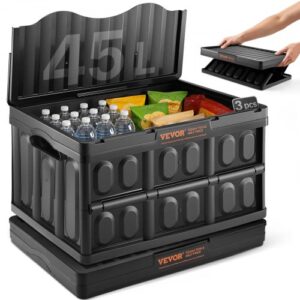 VEVOR Cajas de Almacenamiento Plegable de PP con Tapas 45 L 3 Piezas, Negro
