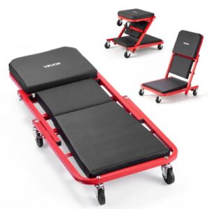 VEVOR Camilla Mecánica Taburete para Taller Plegable 92 cm con 6 Ruedas, Forma en Z, Carga Máxima de 150 kg, Marco de Acero al Carbono, Superficie de Cuero Sintético, Para Reparación de Automóvil