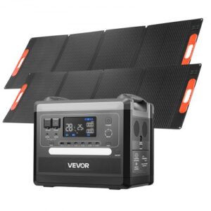 VEVOR Estación de Energía Solar Portátil 2160 Wh 2400 W, con 2 Paneles Solares Plegables 200 W para Camping, Vehículos y Actividades de Ocio, 10 Puertos de Salida y Potencia de Entrada Ajustable