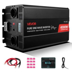 VEVOR Inversor de Corriente 4000 W, Inversor de Onda Sinusoidal Pura de 12 V CC a 230 V CA, Cargador Solar para Coche con Pantalla LCD, Control Remoto, 2 Puertos USB, 2 Salidas de CA, Puerto Tipo C