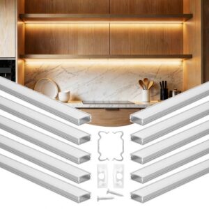 VEVOR Perfil de Aluminio para Tira LED 2 Metros, Paquete de 10 Piezas, Canaleta de LED, con Difusor Opal Tapones de Extremos y Clips de Montaje, Instalación de Luz para Dormitorio Cocina Sala de Estar