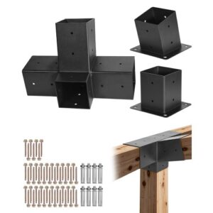 VEVOR Kit de Soportes para Pérgola Inclinado de 10 x 10 cm y 4 Vías para Vigas de Madera de 92 x 92 mm en Tamaño Real, de Acero al Carbono, con Base de Poste y Base de Montaje en Pared, 3 uds
