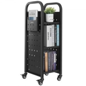VEVOR Carro para Libros de 3 Niveles Estantería de Libros con Ruedas 32 x 35 x 93,5 cm Estante de Almacenamiento en Forma de L Carro Rodante para Biblioteca, Librería, Oficina, Escuela, Negro