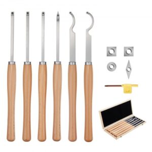 VEVOR 6 PCS Juego de Herramientas de Torneado para Madera Herramienta Hueca para Desbaste, Acabado y Detalle con Mango de Madera, Insertos de Carburo Redondos y Cuadrados de Diamante, Caja de Madera