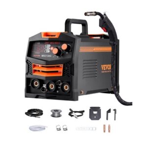 VEVOR Máquina de Soldadura MIG Sinérgica de 130 A, Multiproceso 2 en 1 con Núcleo Fundente MIG a Gas/sin Gas, con Tecnología de Inversor IGBT y Pantalla de Visualización Digital, Espesor ? 4 mm, Negro