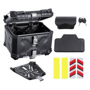 VEVOR Baúl para Motocicleta, Universal, de Aleación de Aluminio, con Forro de Cuero, 45 L, con Cerradura y Cojín Trasero, Apto para el 99 % de los Cuadros de Motocicleta, 435 x 378 x 348 mm, Negro