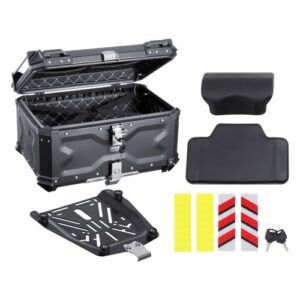 VEVOR Baúl para Motocicleta, Baúl Trasero Universal Aleación de Aluminio, con Forro de Cuero, 65 L, con Cerradura y Cojín Trasero, Apto para el 99 % de los Cuadros de Motocicleta, 588 x 444 x 348 mm