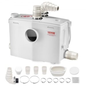 VEVOR 1200 W Bomba Trituradora para Inodoro con 4 Entradas de Agua, Caudal de 48 GPM, Altura de 10 m, Máquina de Descarga Ascendente para Eliminación de Aguas Residuales para Inodoro, Lavabo y Bañera