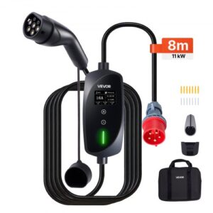 VEVOR Cargador para Vehículo Eléctrico Tipo 2 Trifásico 11 kW 16 A, Cargador de Pared EV con Cable de 8 m, Punto de Carga con Enchufe CEE16, Pantalla LCD, Estación de Carga y Caja de Control IP66