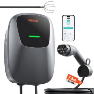 VEVOR Estación de Carga para Vehículo Eléctrico 22kW, 32A, 400V CA, Cargador EV Trifásico Tipo 2, Cable 7,5 m, Control por Aplicación, Indicador LED, para Vehículos Eléctricos e Híbridos Enchufables
