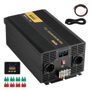 VEVOR Inversor de Onda Sinusoidal Pura, 3000 Vatios, Inversor de Corriente de CC 24 V a CA 230 V, Inversor para Automóvil, con Puerto USB, Pantalla LCD, Control Remoto y Tomas de Corriente de la UE, para RV, Camión, Automóvil, Sistema Solar, Viajes, Campamentos