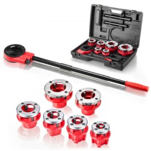 VEVOR Kit de Roscado de Tuberías con Trinquete, Roscadora Manual para Tubos con Trinquete, Juego de Terrajas con 6 Medidas BSPT de 1/2" a 2" NPT, Mango y Maletín Portátil para Reparación y Instalación
