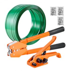 VEVOR Juego de Flejado Manual con Fleje de PET de 304,8 m y 300 Precintos Metálicos, Herramienta de Flejado para Embalaje, Kit Completo para Almacén, Mercado, Garaje, Envío, Mudanza, Hogar, Naranja