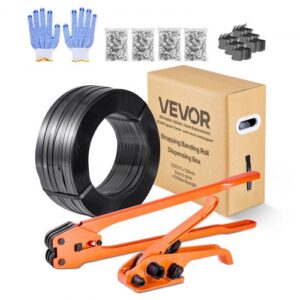 VEVOR Juego de Flejes Manuales Banda PET 15,9 mm x 610 m, Kit de Herramientas de Flejado con Tensor, Selladora, Guante, 600 Hebillas Metálicas, 200 Esquinas Protectoras, para Empaquetado Transporte