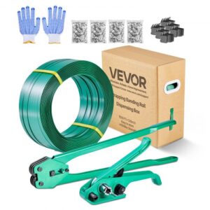 VEVOR Juego de Flejes Manuales Banda PET 15,9 mm x 457 m, Kit de Herramientas de Flejado con Tensor, Selladora, Guante, 450 Sellos de Metal, 150 Esquinas Protectoras, para Transporte Empaquetado Carga