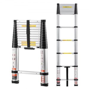 VEVOR Escalera Telescópica de Aluminio 374 cm, Escalera de Extensión Plegable con Sistema de Retracción de Un Solo Toque, Soporta hasta 150 kg, con Pies Antideslizantes, para Hogar, Ático, Jardinería