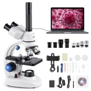 VEVOR Microscopio Compuesto con Aumento de 40-5000X Kit de Microscopio Trinocular Cuerpo de Aleación de Aluminio con Luz LED, Soporte para Teléfono Móvil, para Estudiantes, Laboratorio, Escuela