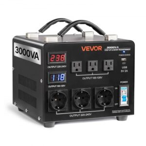 VEVOR Convertidor de Voltaje, 3000 VA, Transformador Elevador/Reductor Automático, de 110 V a 220 V y de 220 V a 110 V, con 3 Tomas de Corriente de EE. UU. y 3 de UE, Pantalla LCD y Disyuntor