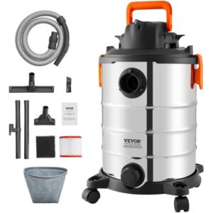 Aspiradora de taller VEVOR para seco y húmedo, 30 l, 6 HP pico, de acero inoxidable, con succión y soplador eficientes, boquilla, ruedas, aspiradora de taller portátil con accesorios, para alfombras, escombros, pelo de mascotas, color plateado y negro