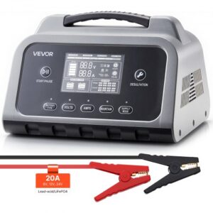 VEVOR Cargador de Batería Inteligente 20 A para Baterías de Plomo-ácido y LiFePO4, 6 V, 12 V, 24 V, con Pantalla LCD, Mantenedor de Carga Lenta y Desulfatador, para Coche, Motocicleta, Cortacésped