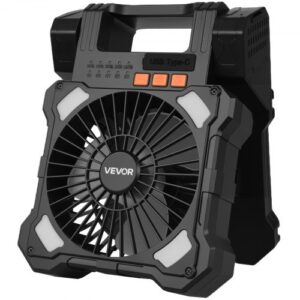 VEVOR Ventilador Solar Recargable 20 000 mAh con Linterna LED, Ventilador Portátil Inalámbrico 20 cm con Panel Solar Plegable 7 W, 5 Velocidades, Temporizador y Silencioso, para Tienda de Campaña