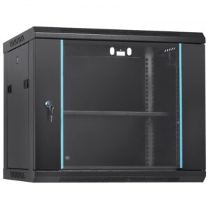 VEVOR Gabinete para Servidores de Red Montaje en Pared 9U, 60x45x50cm, 39 cm Gabinete en Rack para Servidores 90,7 kg con Paneles Laterales de Puerta de Vidrio con Cerradura para Equipos de TI, Dispositivos A/V
